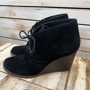 Lucky Brand Shylow Suede Wedge Ankle Booties Black‎ Lace Up Retro Fall Size 9